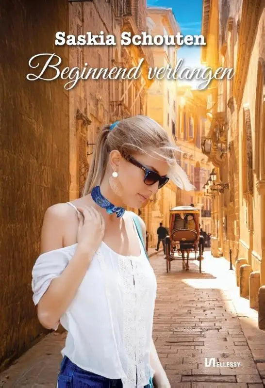 Vrouw draagt witte off-shoulder blouse en blauwe jeans met donkere zonnebril en blauw patroon choker beginnend verlangen