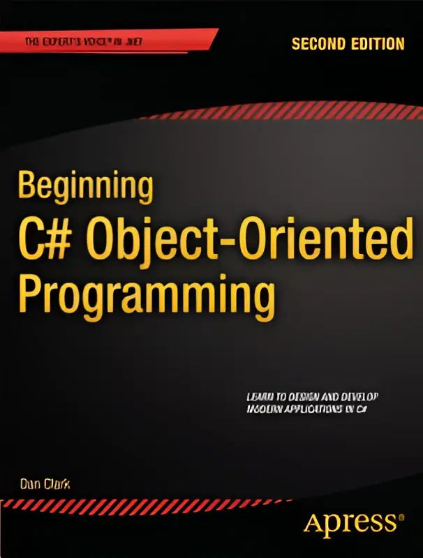 Zwarte boekomslag met gouden letters en rode diagonale strepen voor beginning c# object-oriented programming door dan clark
