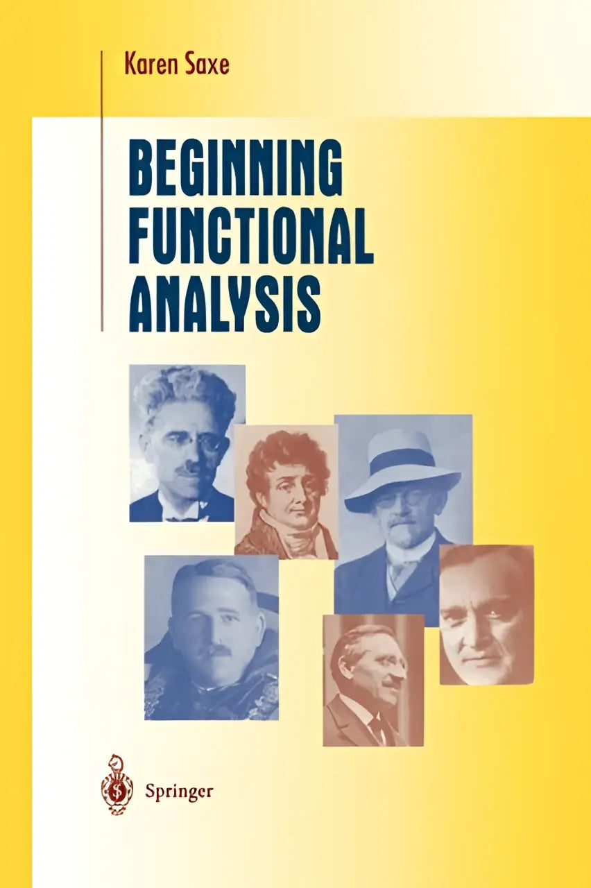 Gele hardcover boek beginning functional analysis van karen saxe met zwarte tekst en portretten van historische figuren