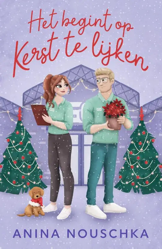 Het boek het begint op kerst te lijken van anina nouschka toont twee personages in tealgroene uniform tussen kerstbomen in een nederlandstalige kerstromance