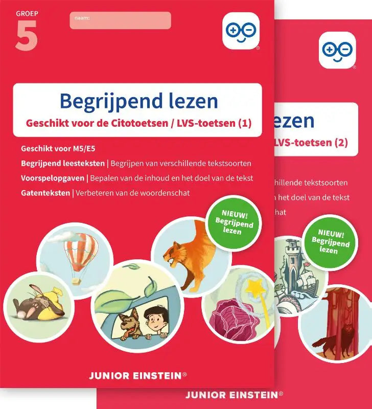 Rood educatief werkboek begrijpend lezen compleet door junior einstein met kleurrijke dierenillustraties voor citotoetsen