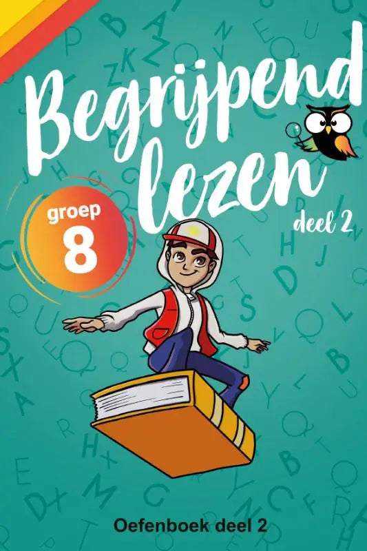 Vibrant teal workbook for begrijpend lezen groep 8 featuring a cartoon boy on an orange textbook titled begrijpend lezen