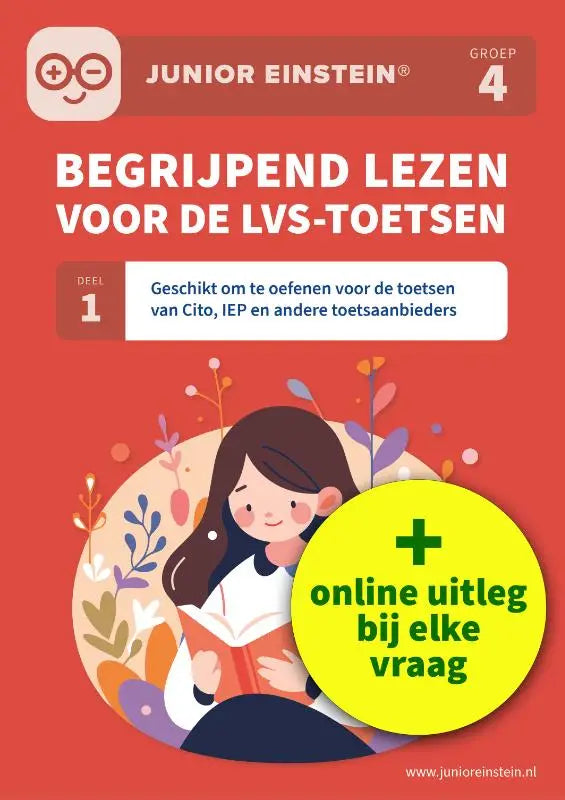 Rood omslag junior einstein workbook groep 4 voor begrijpend lezen inclusief uitlegvideo’s en andere toetsaanbieders