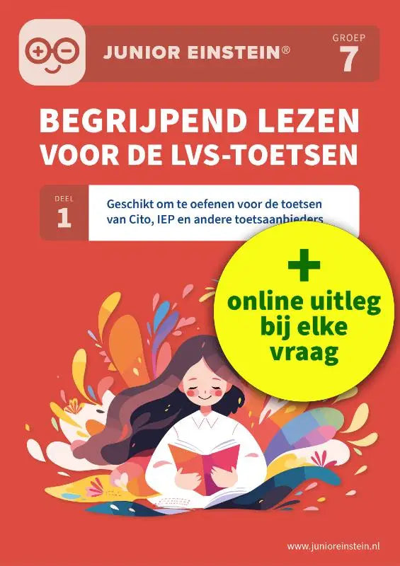 Junior einstein groep 7 workbook met kleurrijke illustraties en een lachend meisje begrijpend lezen oefenen inclusief uitlegvideo’s voor andere toetsaanbieders