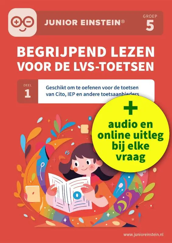 Een vibrante rode Junior Einstein begrijpend lezen werkboek groep 5 geschikt voor cito en andere toetsaanbieders