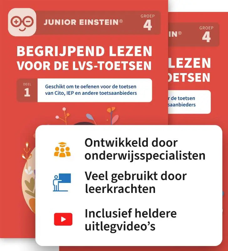 Rode educatieve workbook junior einstein voor groep 4 met begrijpend lezen inclusief uitlegvideo’s van andere toetsaanbieders