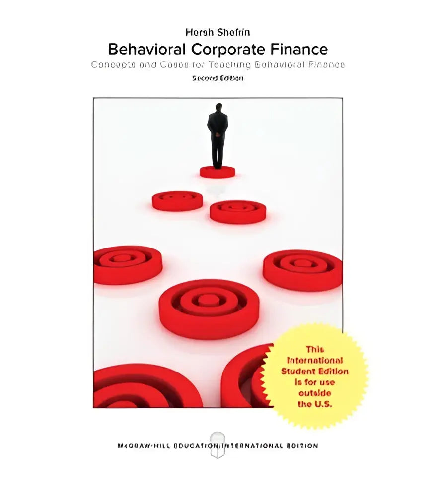 The behavioral corporate finance book cover shows a black silhouette of a man on a red platform with smaller platforms around him