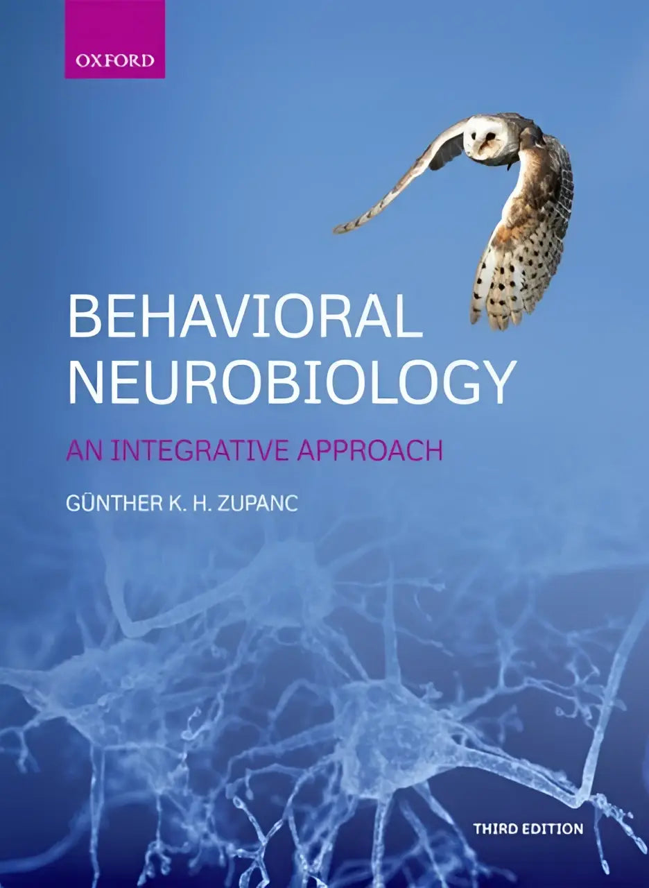 De boekcover van behavioral neurobiology toont een vliegende uil tegen een blauwe achtergrond bij de studie van de universiteit