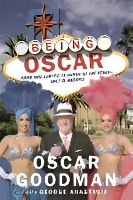 Vibrante retrofilm poster van being oscar met rode en witte letters en palmbomen voor las vegas burgemeesterproduct