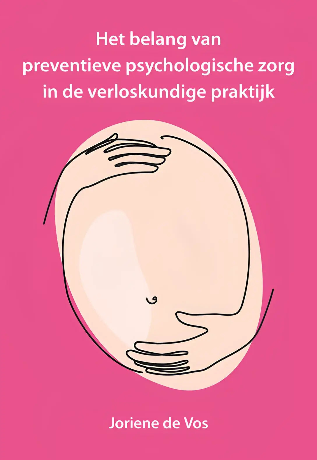 Minimalistische lijntekening van een zwangere buik met handen op een felle roze achtergrond voor preventieve psychologische zorg