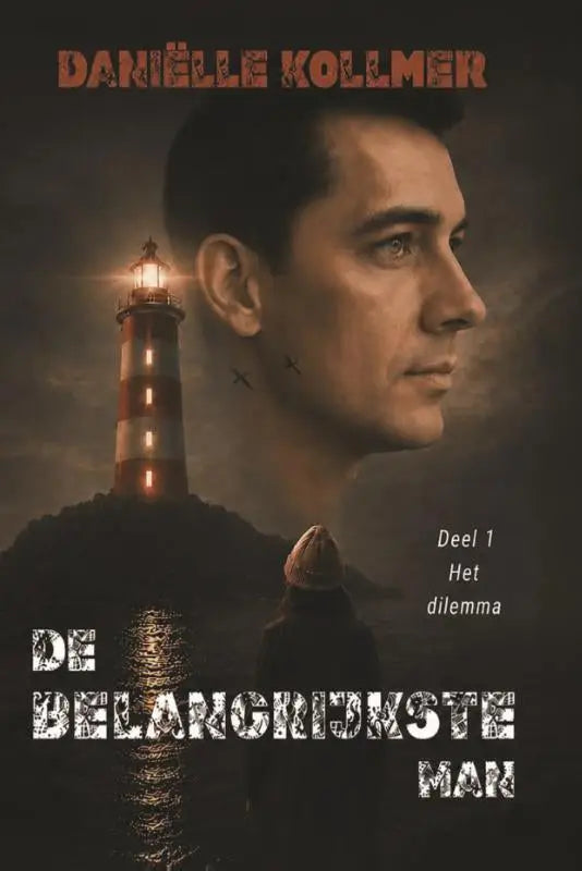 Boekcover van de belangrijkste man door daniëlle kollmer met een man, tattoo en een rood-witte vuurtoren uitgeverij keytree