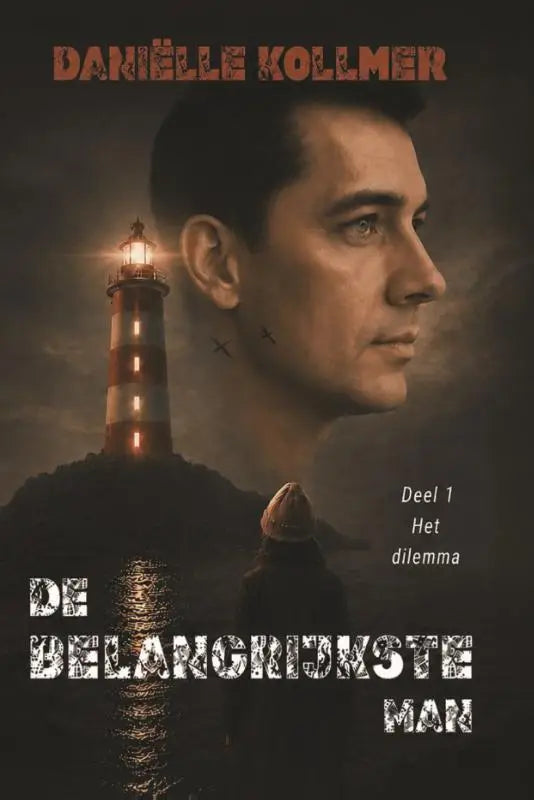 Rode en witte gestreepte vuurtoren met gloeiend licht bovenaan in product de belangrijkste man
