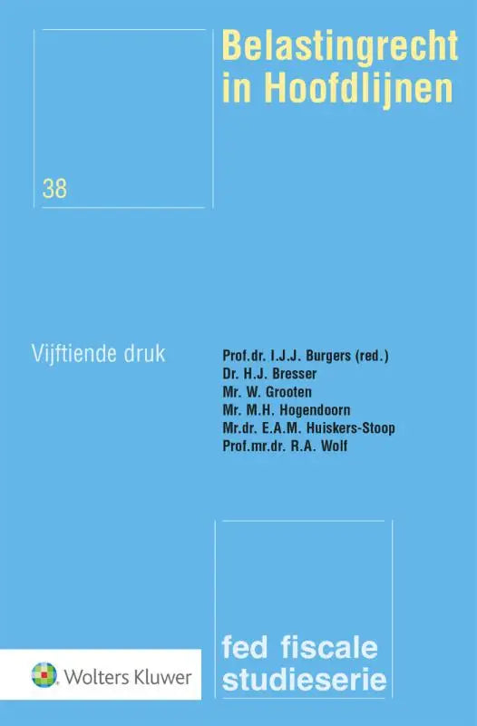 Lichtblauw boek cover van belastingrecht in hoofdlijnen met gele tekst en nummer 38 in witte rechthoek zichtbaar