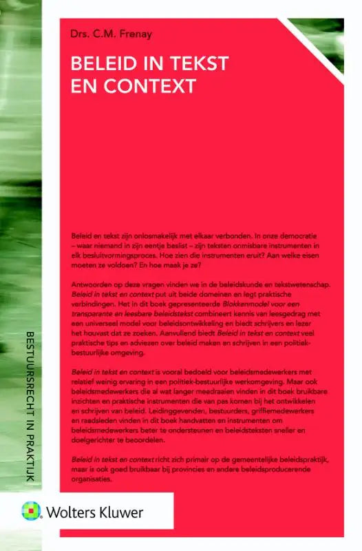 Rode boekcover met witte tekst beleid in tekst en context door drs uitgegeven door wolters kluwer nederland