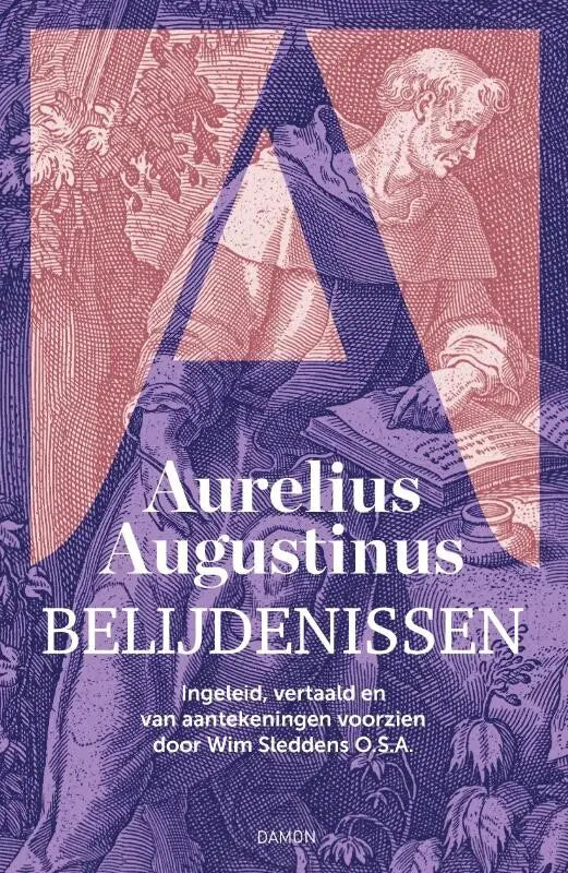 Paars en roze geïllustreerde boekomslag van belijdenissen met de titel aurelius augustinus belijdenissen en een grote gestileerde letter a