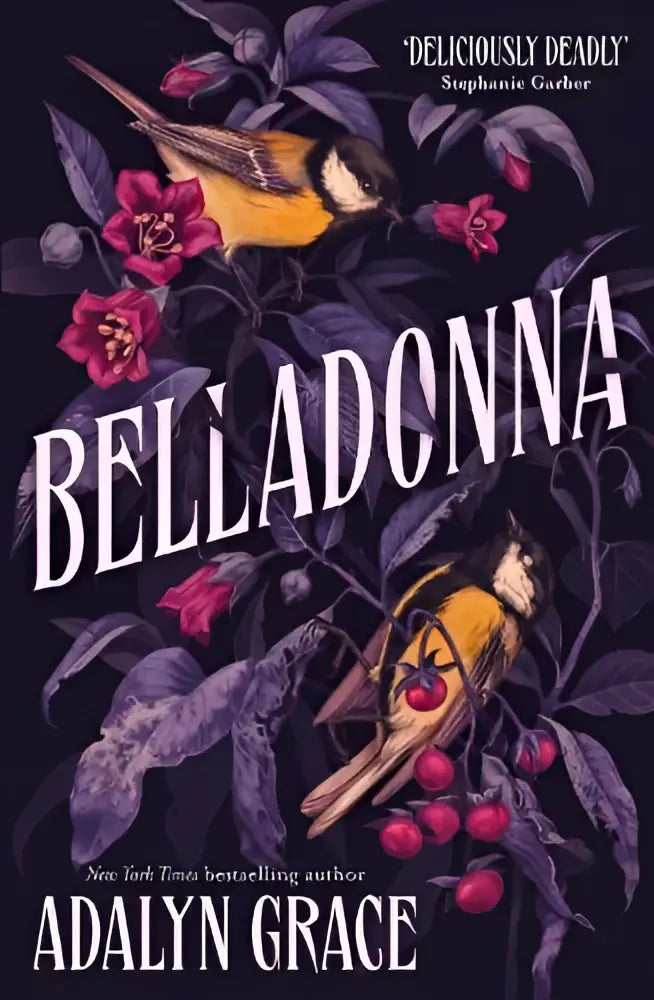 De boekcover van belladonna toont een gothic fantasy titel in wit met paarse bladeren en roze bloemen, de addictive and mysterious roman