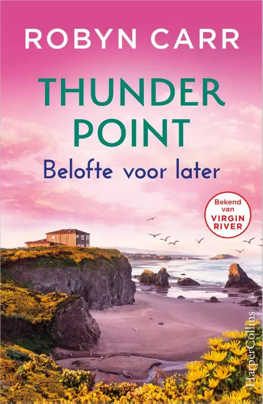 Boekcover van belofte voor later met een kustscène, roze lucht en gele bloemen door robyn carr