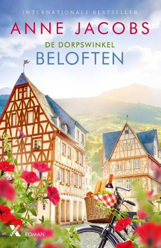 De cover van het boek beloften toont een pittoresk dorp met vakwerkhuizen, rode bloemen en een fiets met picknickmand