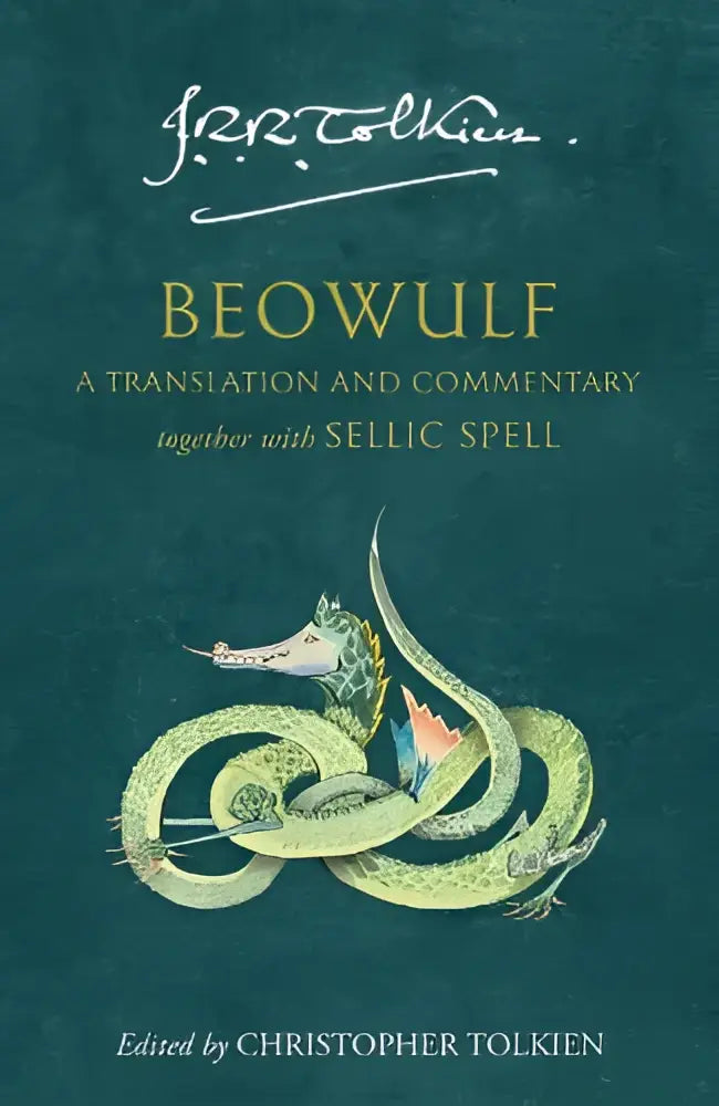 Donker teal boekomslag met groene draak en titel beowulf een vertaling en commentaar together with sellic spell van j.r.r