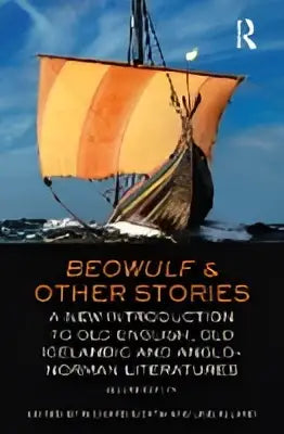 De boekcover van Beowulf and other stories toont een oranje zeilboot tegen een blauwe lucht en zee met de titel in zwart