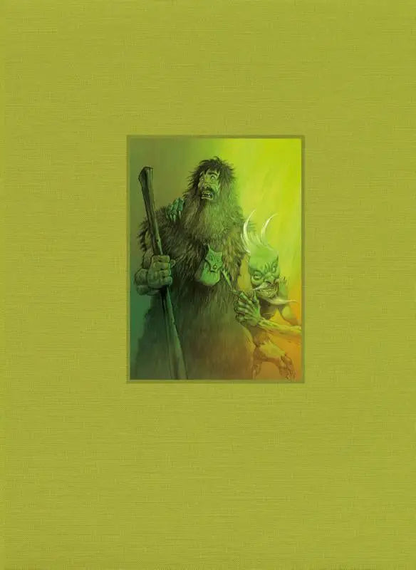 A framed illustration in berenvel luxe by ken broeders showing a hairy green giant with a staff and a skeletal creature for algemeen publiek
