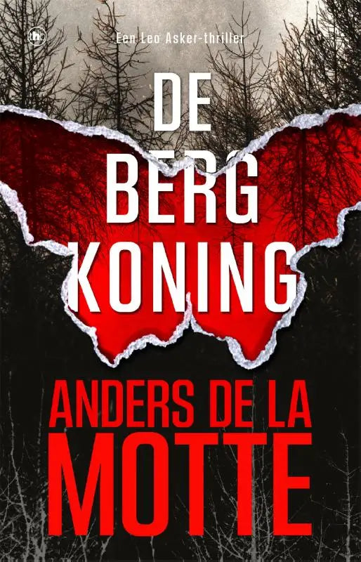 Boekomslag in rood en wit gescheurd papier met de titel de berg koning van anders de la motte voor de bergkoning