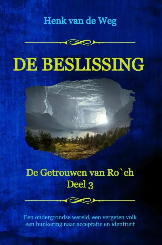 Diepblauw boek De beslissing met onregelmatig raam en mistig berglandschap met bomen en water onder zacht licht