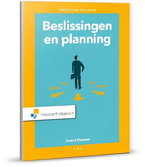 Een hardcover boek beslissingen en planning met een gele omslag en witte letters op een teal achtergrond