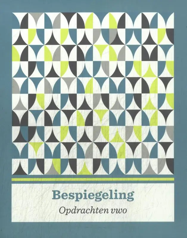 De bespiegeling cover met een geometrisch patroon van zwarte, grijze, teal blauwe en limegroene halve cirkels op wit