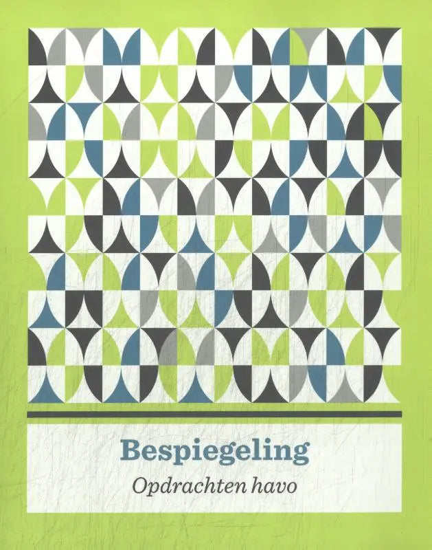 De cover van een nederlands havo-werkboek bespiegeling opdrachten met een geometrisch patroon in groen, blauw en grijs