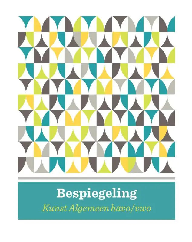 A geometric pattern of interlocking teal lime green yellow gray and black semicircles in a repeating grid on bespiegeling kunsten in samenhang