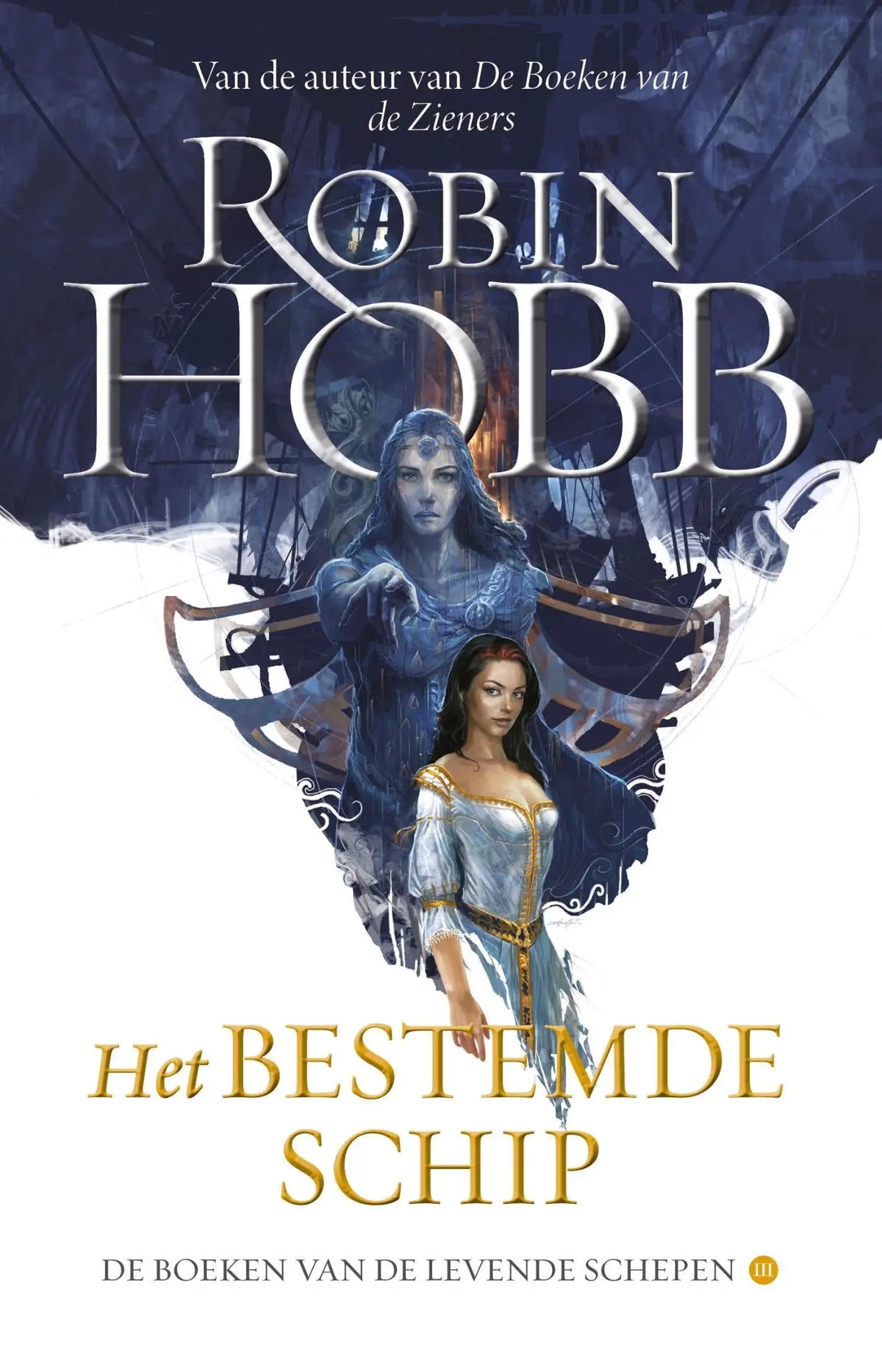Het boek het bestemde schip toont een fantasyillustratie met twee vrouwen in middeleeuwse kleding tegen stormachtig decor