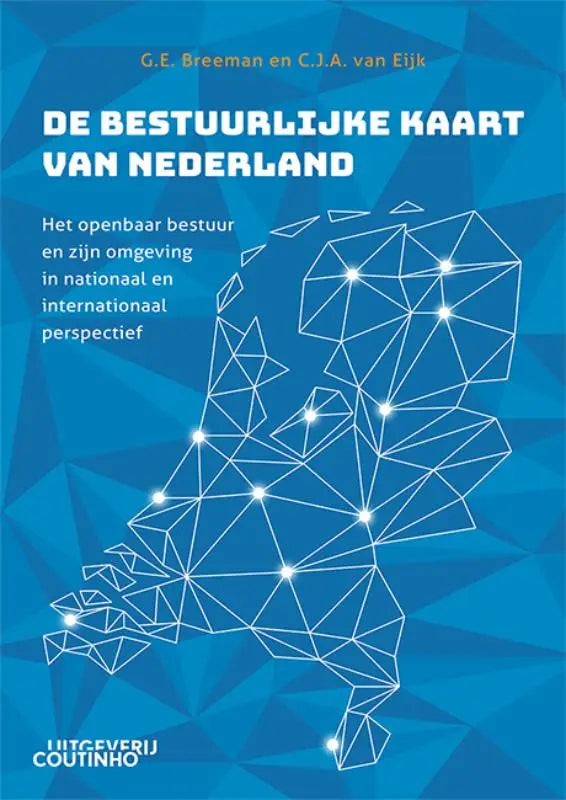Blauwe kaft De bestuurlijke kaart van Nederland met witte geometrische kaart en gloeiende stippen