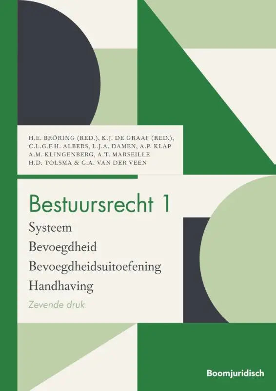 Green and white geometric patterned cover of bestuursrecht 1 by koninklijke boom uitgevers with black circular accents