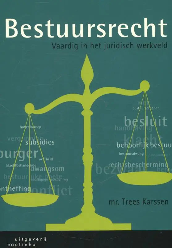 Boekcover Bestuursrecht met gele weegschaal op teal achtergrond