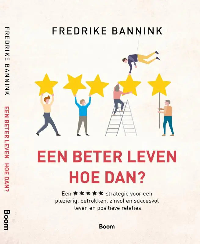 De boekcover van Een beter leven hoe dan bevat minimalistische gele sterren en rode titel op crèmekleurige achtergrond
