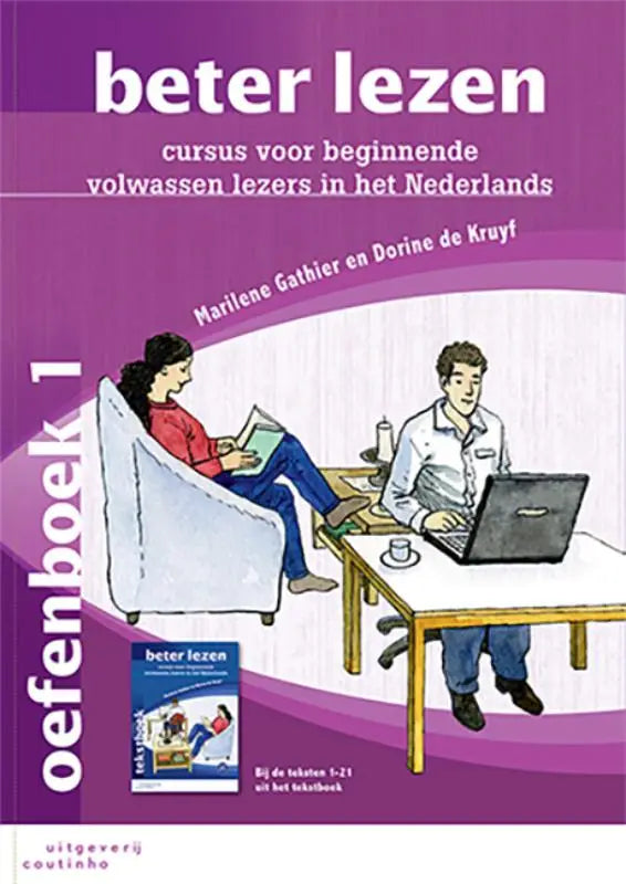 Paars omslag van beter lezen cursusboek voor beginnende volwassen lezers met illustratie van vrouw lezen en man laptop