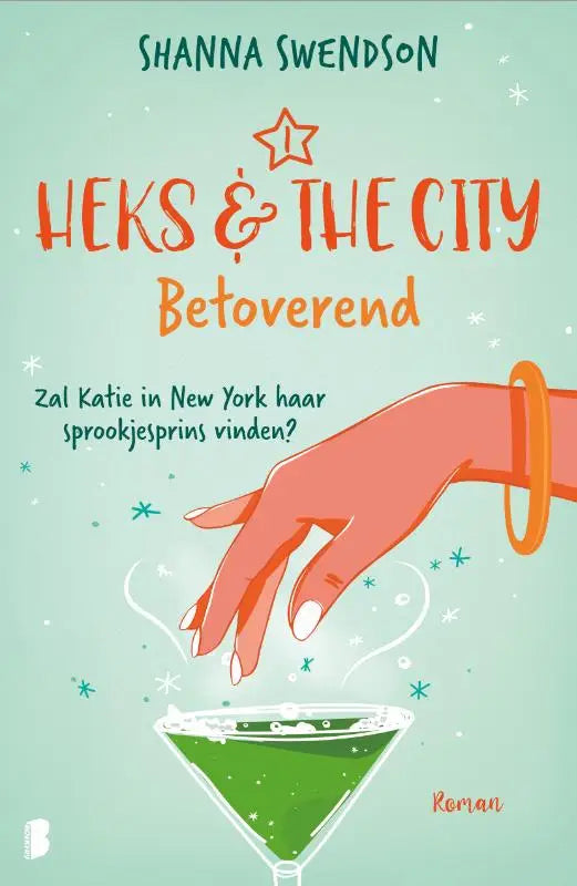 Betoverend boekcover met een groene martiniglasillustratie met schuimige rand over sprookjesprins vinden in new york
