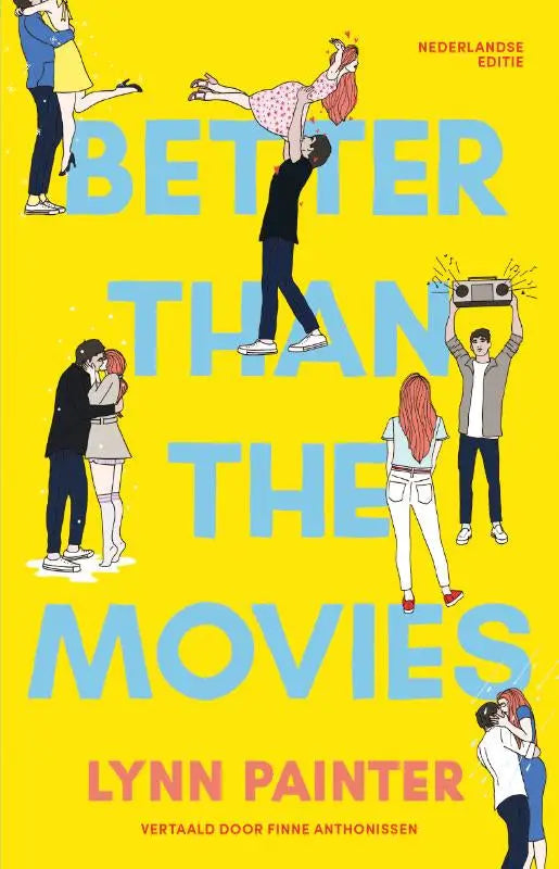 Fel geel boekcover van better than the movies met blauwe letters en cartoonillustraties van romantische scènes