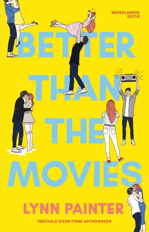 Heldere gele boekomslag van better than the movies door lynn painter met cartoonillustraties van romantische scènes