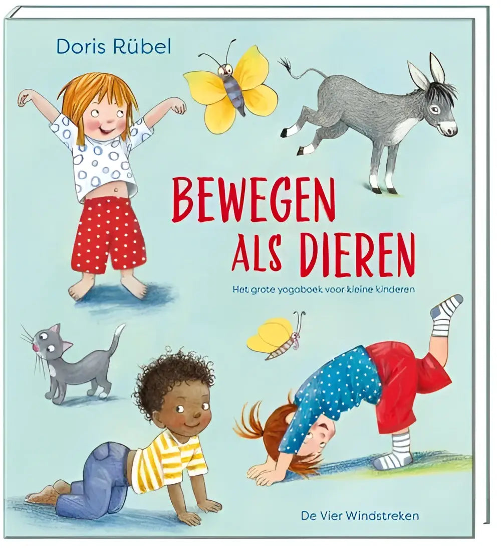 De kleurrijke cover van het nederlandstalig kartonboek bewegen als dieren van doris rübel met kinderlijke yoga illustraties
