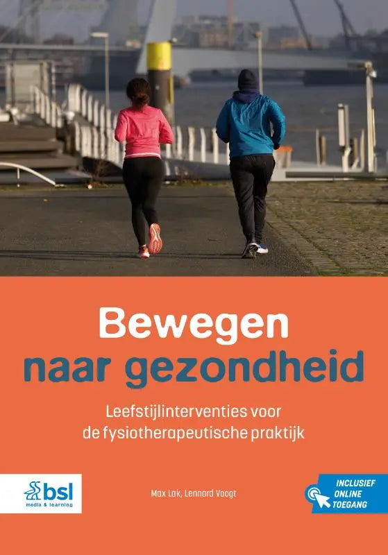 De boekcover van bewegen naar gezondheid toont een oranje achtergrond met witte en blauwe letters over leefstijlinterventies voor de fysiotherapeutische praktijk