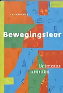De kleurrijke abstracte boekcover van bewegingsleer met geometrische vormen in blauw en oranje voor tertiair onderwijs