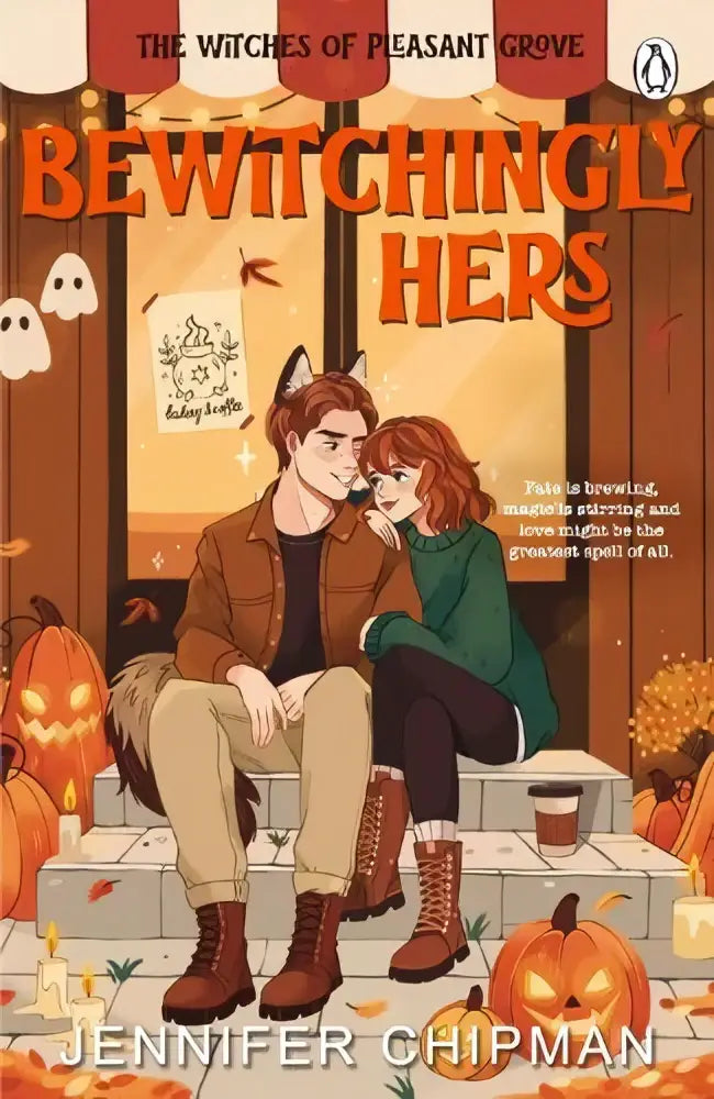 The book cover of bewitchingly hers by jennifer chipman from penguin books ltd shows two characters on stone steps with autumn decor