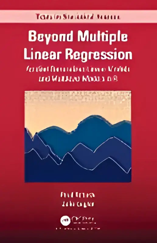De boekomslag heeft een rode achtergrond met de titel beyond multiple linear regression in witte tekst en een blauw golvend ontwerp
