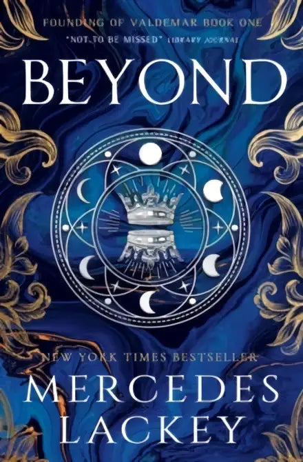 The signed edition book beyond by mercedes lackey features a deep blue cover with gold filigree and celestial designs related to the empire