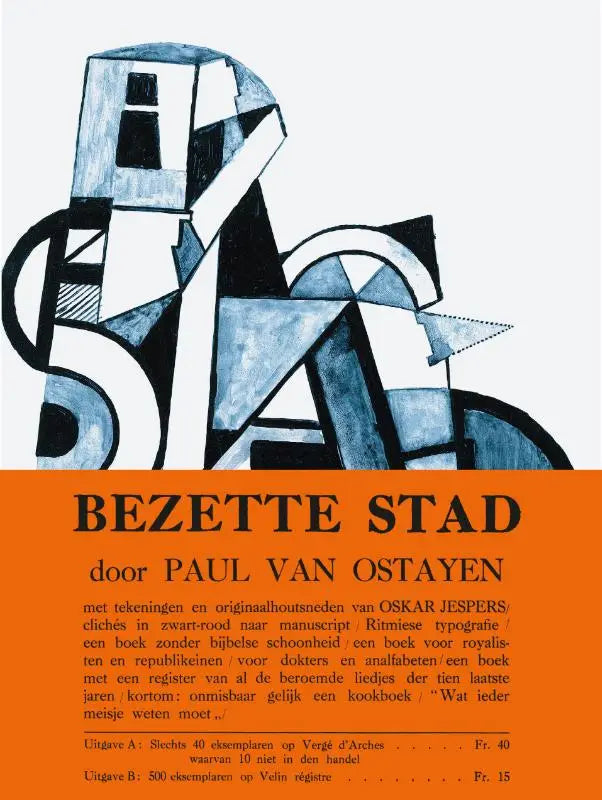 Abstract geometrisch kunstwerk bezette stad in zwart wit en blauwtinten met strakke lijnen en vormen