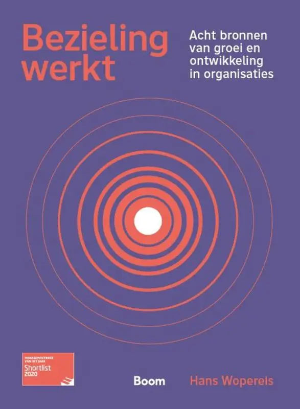 Paarse boekomslag met oranje concentrische cirkels en wit midden, titel bezieling werkt in vet oranje lettertype, thema acht bronnen