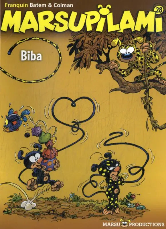 Gele comicbook cover van biba met marsupilami in klassieke stijl van stephan colman en marsu productions