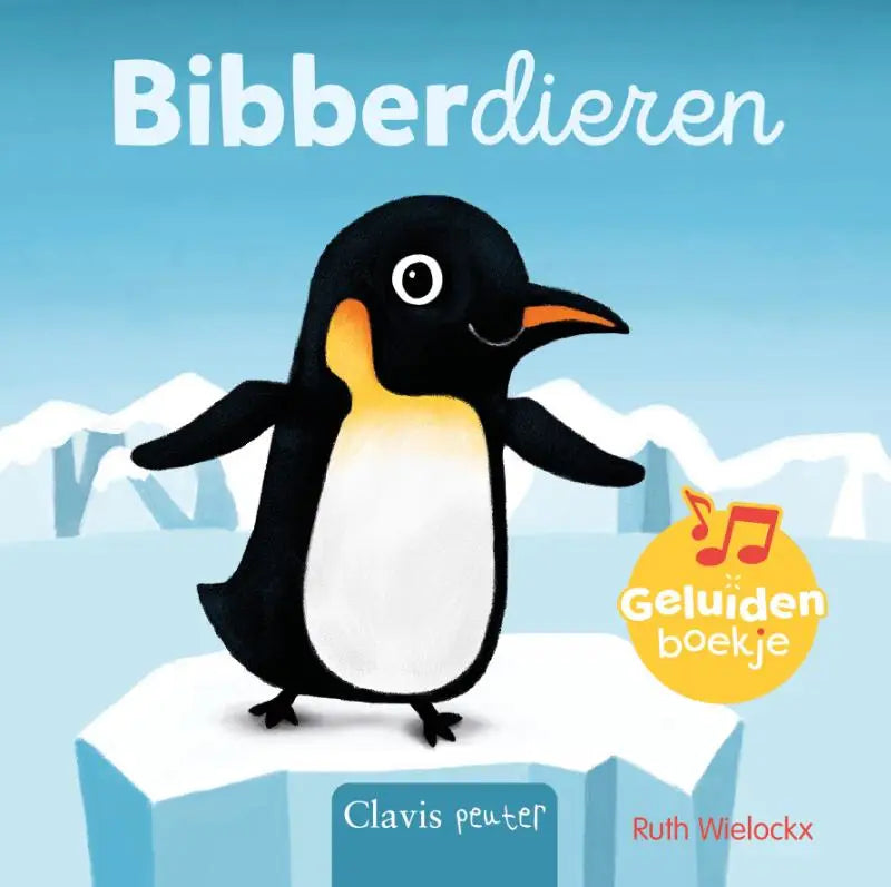Een vrolijke zwart-witte cartoonpinguïn met oranje snavel en borstvlek op een ijsblok voor jonge lezers bibberdieren